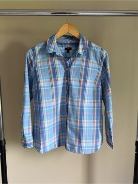 Talbots Pastel Plaid 100% Cotton Button-Down Shirt - Light Blue & Pink